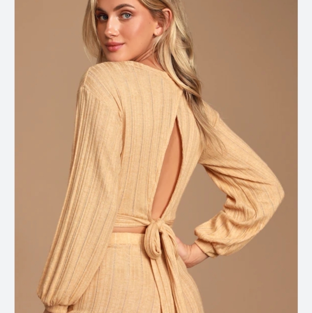 Lulu's Crop Top Mirha Heathered Yellow Ribbed Balloon Sleeve Festival Indie M